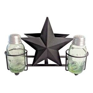 Barn Star Napkin Holder Green Mason Jars Salt & Pepper Shakers Brown Metal NEW
